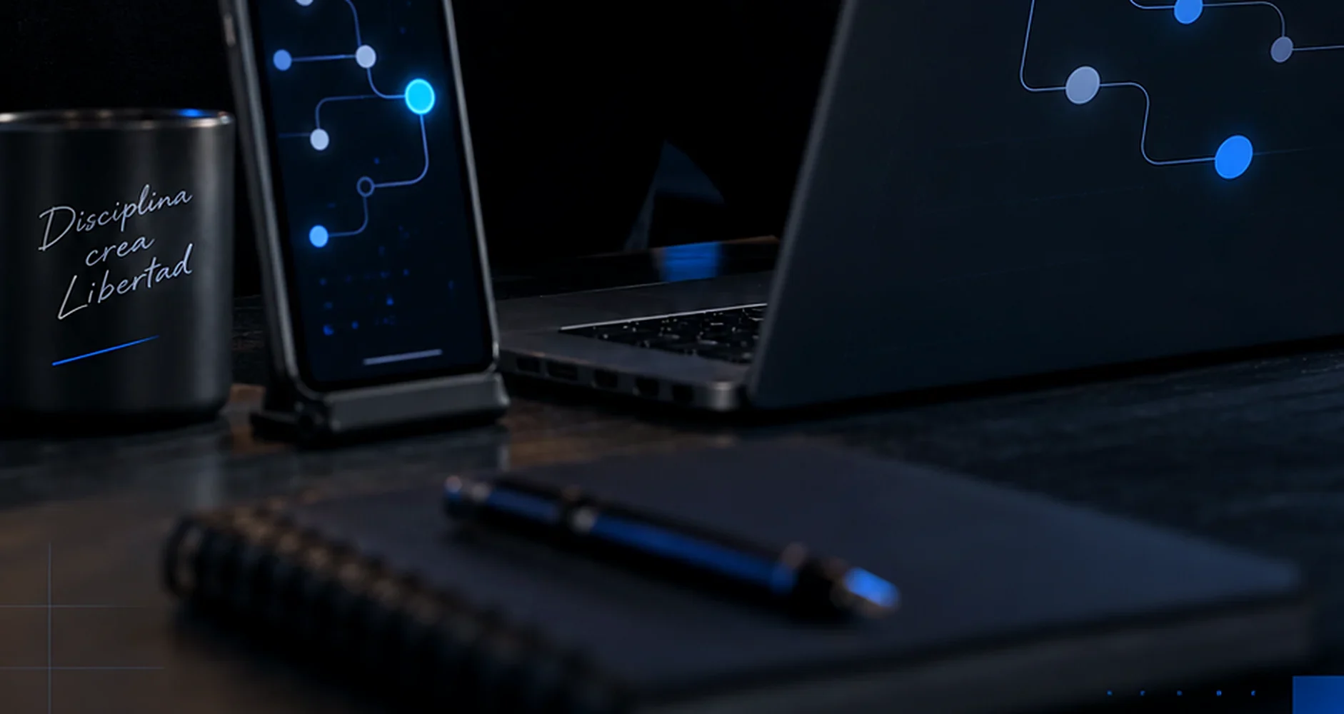 Escritorio de trabajo con móvil y portátil mostrando un flujo de automatización